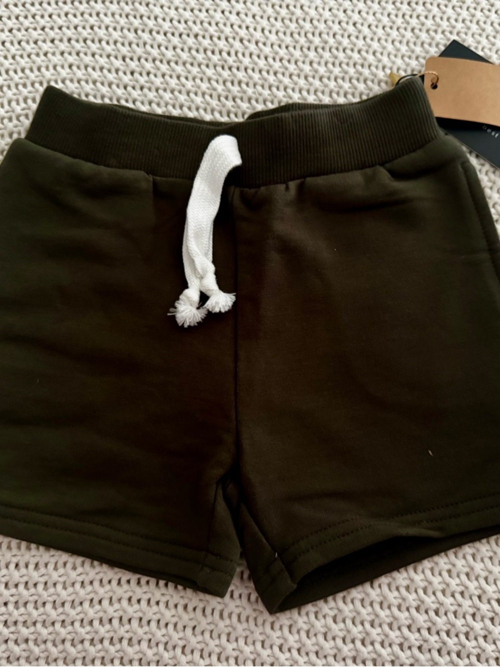 Kids Olive Drawstring Cotton Shorts with Rib Waist